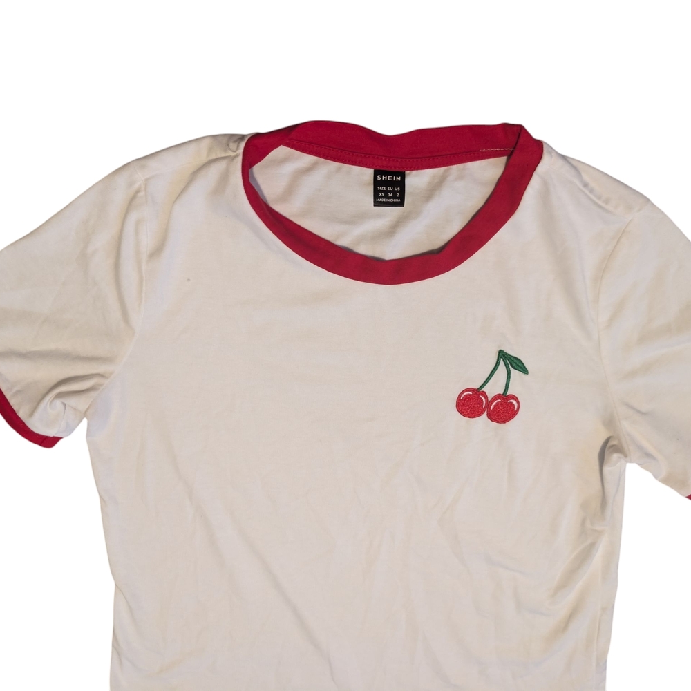 SHEIN White Tee with Red Accents and Cherry Motif‎
